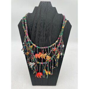 Handcrafted Multicolor Beaded Necklace Animal Charms & Fringe Design Statement